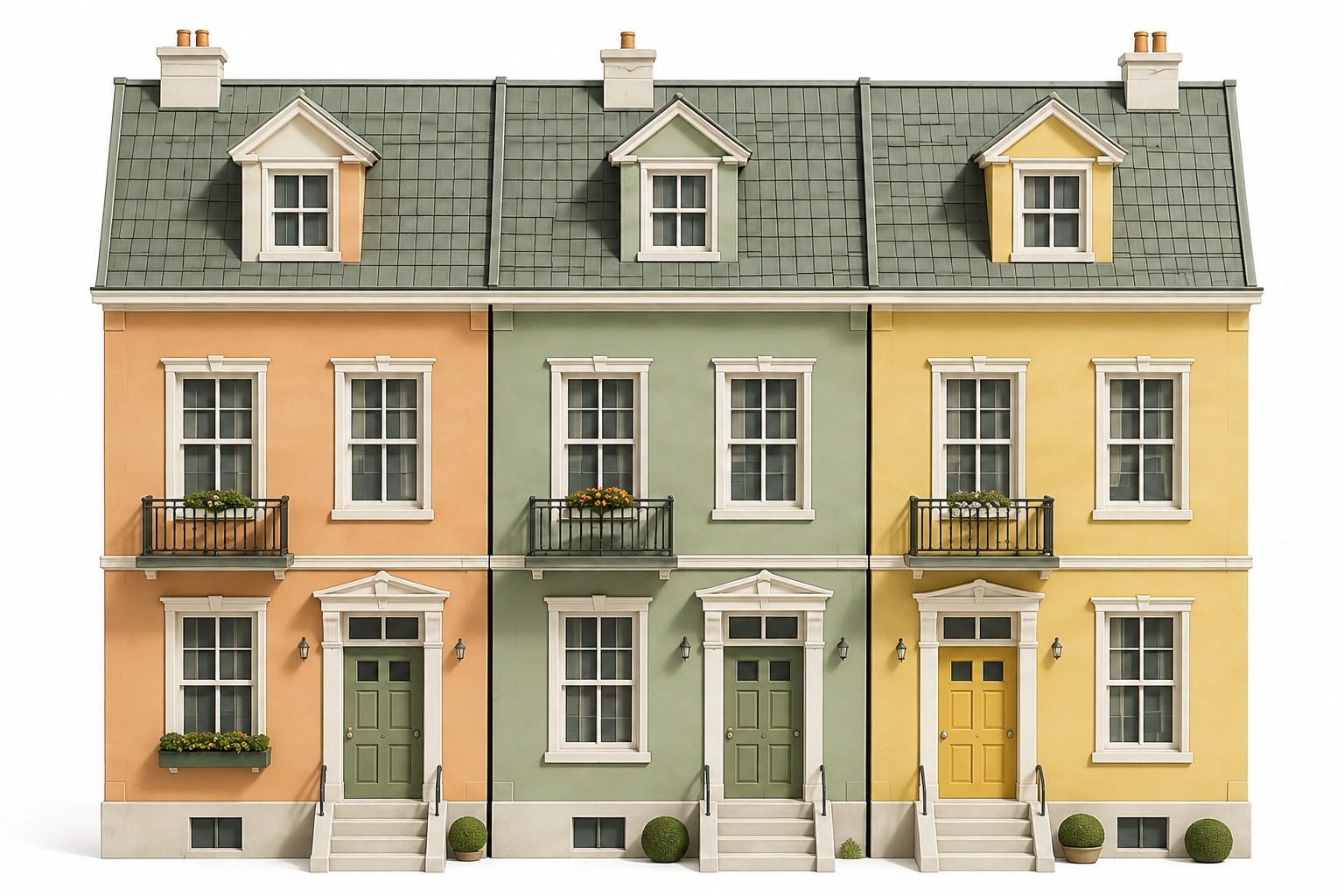 Miniature peach, sage, and yellow Cedar Row Townhomes